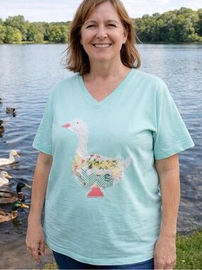 Quilted Goose Shirt Women’s Quilted T shirt Upcycled quilt shirt Sm/Md goose top